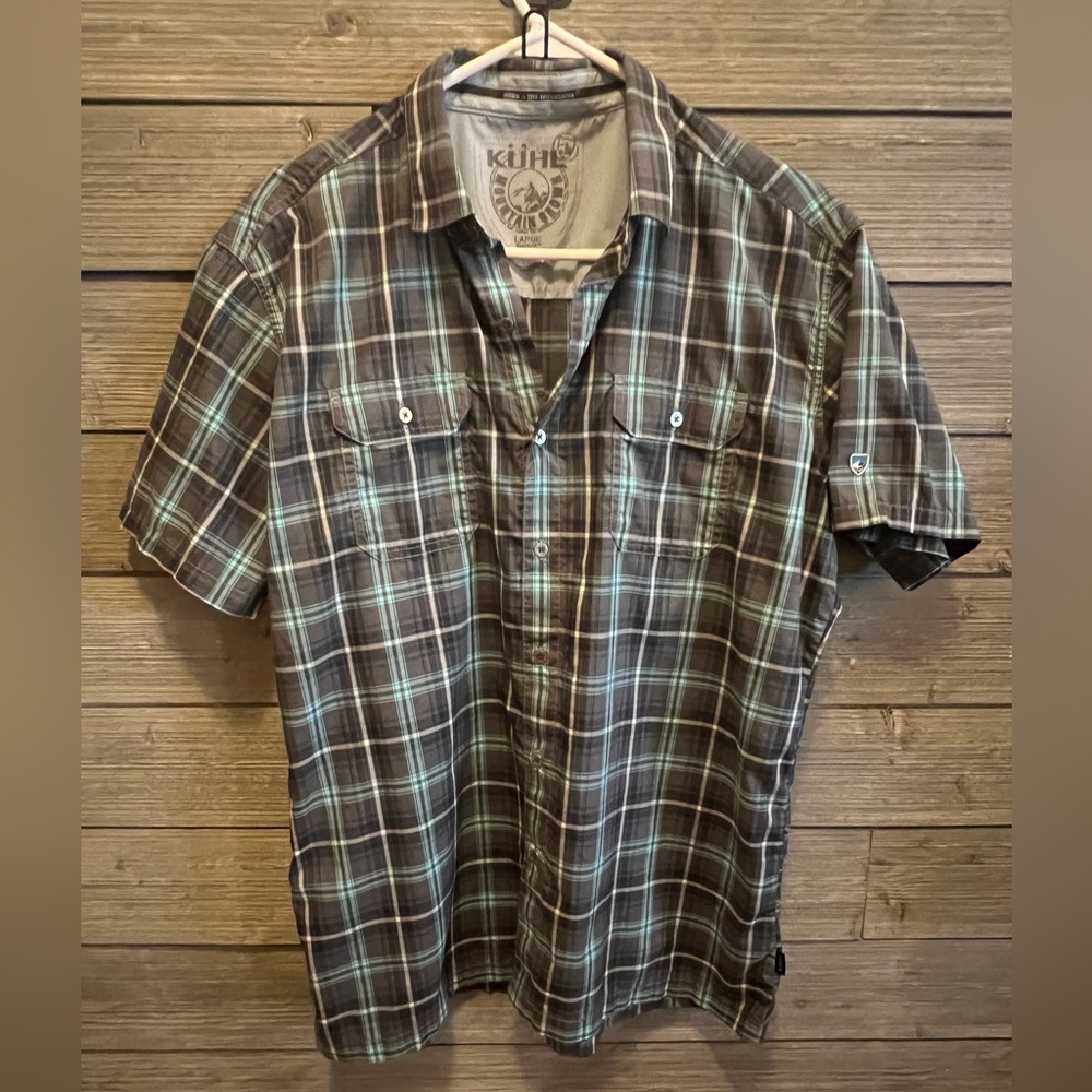 Kuhl Men's Short-Sleeve Plaid Button-Down Shirt in Gray and Teal